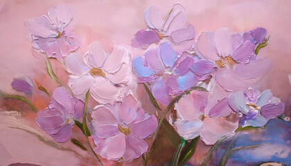 Rough palette knife oil painting of pastel pink flowers. Hand drawn art.