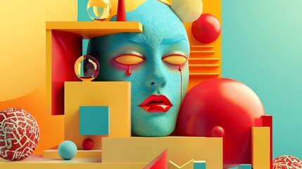 Poster - Digital illustration of an abstract portrait with geometric shapes. The face is rendered in blue with red lips and a teardrop.