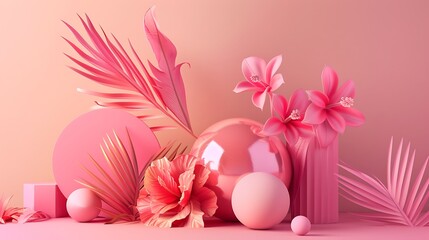 Poster - still life showcasing pink hibiscus flowers, palm leaves, and geometric shapes against a soft pink background. The vibrant colors and smooth textures create a modern and elegant aesthetic.