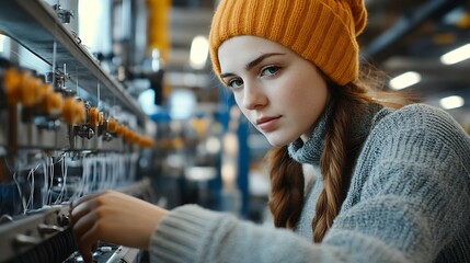 Aufkleber - Textile factory worker standing by modern industrial sewing machine and checking thread connections : Generative AI