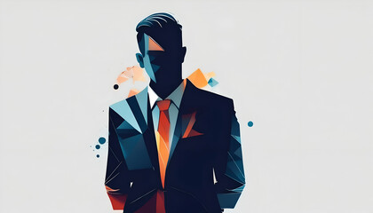 A businessman in a suit stands confidently against a vibrant abstract background, showcasing modern design elements and geometric shapes