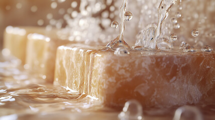 Wall Mural - close up of water splash, a light brown natural stone brick, water bubbles texture