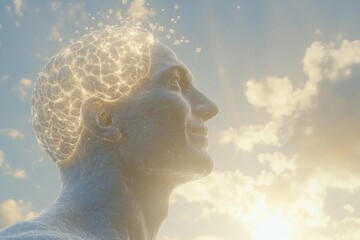 Poster - A serene and thoughtful depiction of a man with glowing neural connections symbolizing the peaceful and introspective nature of human thought and intellectual contemplation