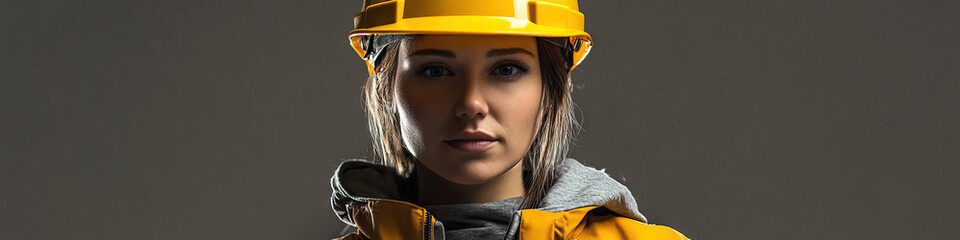 Rugged Caucasian woman industrial worker, wearing yellow hard hat and work jacket, standing against gray background