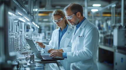 Leinwandbilder - Experienced Male and Female Engineers Standing on a Platform at a Modern Industrial Factory Using Laptop Computer and Discussing Production of Modern Electronics for Artificial Intelli : Generative AI