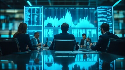 Leinwandbilder - Charts group and stock market for man presentation and pointing of stats for growth and sales Boardroom employee and people in meeting for finance increase and multiple exposure of aud : Generative AI