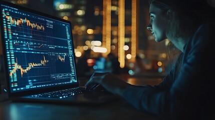 Aufkleber - Team laptop and business people in office at night with stock market charts for corporate investment Discussion computer and financial advisors working on company profit report with de : Generative AI