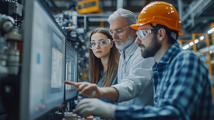 Poster - Factory apprenticeship Man mentor teaching Female employees trainee operating machine looking monitors and check Production process machinery foreman explaining woman engineer control  : Generative AI