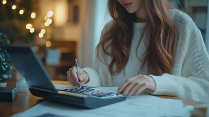 Leinwandbilder - Business financing accounting banking concept Businesswoman hand doing finances and calculate on desk about cost at home office Woman working on desk with using calculator finance acco : Generative AI