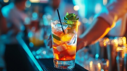 Poster - cocktail and wine at social events like party and weddings served by bartender and waiter evening beutiful indoor and outdoor lights : Generative AI