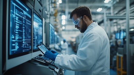 Poster - worker following factory production line uses screens with industry internet of things smart factory