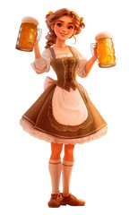 Wall Mural - A girl in traditional Bavarian costume with two mugs of beer. Illustration for Oktoberfest on a white transparent background.