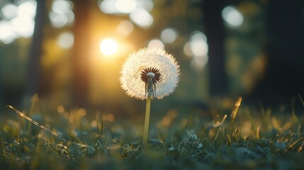 Wall Mural - Big white dandelion in a forest at sunset Macro image shallow depth of field Abstract summer nature background : Generative AI