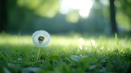 Wall Mural - White dandelion in a green grass on a forest meadow Macro image shallow depth of field Abstract summer nature background : Generative AI