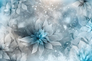 winter abstract background with poinsettia flowers in wintery colors of blue and gray like Christmas background 