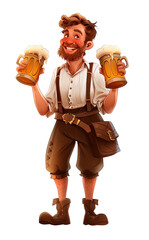 Wall Mural - A man in traditional Bavarian costume with two mugs of beer. Illustration for Oktoberfest on a white background.