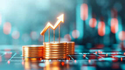 Poster - Stacked coins represent financial growth, while a rising graph indicates increasing investment potential in a vibrant digital environment