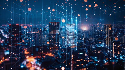 Poster - abstract of a cityscape with a digital network overlay. the city lights and buildings are connected 