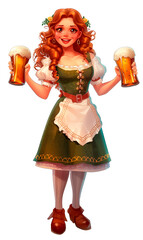 Wall Mural - A girl in traditional Bavarian costume with two mugs of beer. Illustration for Oktoberfest on a white background.