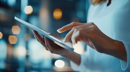 Poster - Businesswoman using a digital tablet during a team meeting, focusing on technology and collaboration