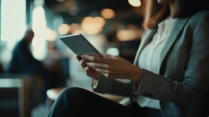 Wall Mural - Businesswoman using a digital tablet during a team meeting, focusing on technology and collaboration