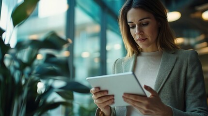 Poster - businesswoman using a digital tablet to review financial data, focusing on accuracy and technology