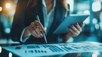 Poster - businesswoman using a digital tablet to review financial data, focusing on accuracy and technology
