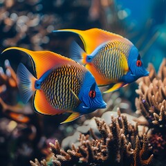 Wall Mural - A Captivating Pair of Angelfish Gracefully Swimming Amidst the Vibrant Coral Reef  Showcasing the Beauty and Diversity of the Underwater Ocean