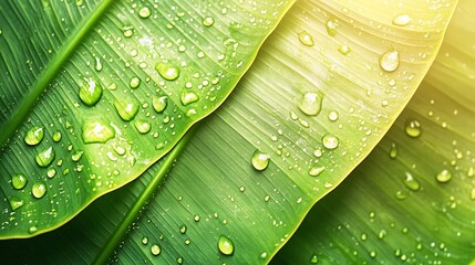 Aufkleber - Closeup of green banana leaf background with details of a leafcovered in water droplets Macro vibrant plant nature organic Abstract green leaf light : Generative AI