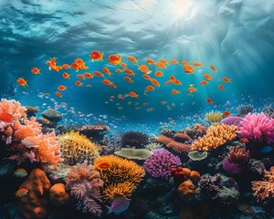 Wall Mural - Vibrant Coral Reef Ecosystem Showcasing Diverse Marine Life in Tropical Ocean Landscape