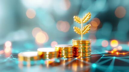 Poster - A stack of shiny golden coins with a small plant emerging from the top, representing financial growth and investment in modern banking technology