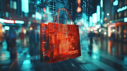 Aufkleber - Image of financial data processing over shopping bag Global shopping business finance computing and data processing concept digitally generated image : Generative AI