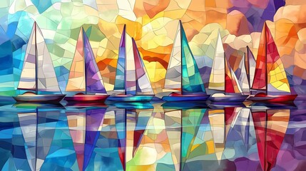 Canvas Print - A group of sailboats on the water, each with its own unique color and design, reflecting in the water. The background is colorful and vibrant, with soft clouds adding depth to the scene.