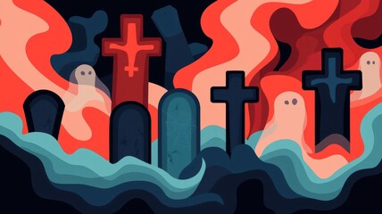 A spooky digital illustration featuring eerie gravestones and ghostly figures amidst red and blue swirling mists.