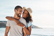 © peopleimages.com - Travel, love and hug with couple, beach and happy people for anniversary on holiday together. Romance, African man and woman with ocean, summer break and relax with sunset embrace on vacation