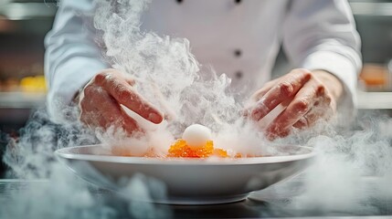 a chef preparing a dish using molecular gastronomy techniques, such as spherification or foams, high