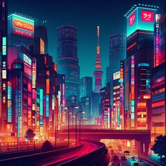 Wall Mural - Night scene of big city in cyberpunk style, futuristic nostalgic 80s, 90s. Neon lights vibrant colors.