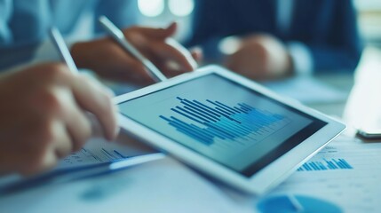 Poster - close-up of financial growth charts on a tablet in a business meeting