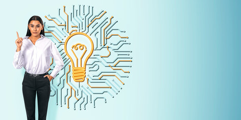 Poster - Businesswoman pointing with lightbulb and circuit in background, symbolizing innovation and creativity.