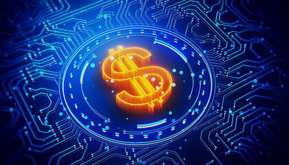 Aufkleber - Futuristic Digital Currency Concept with Glowing Dollar Symbol. 3D Rendering