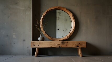 Wall Mural - Organic shaped asymmetrical mirror with a wooden frame on the wall in front of the bench.