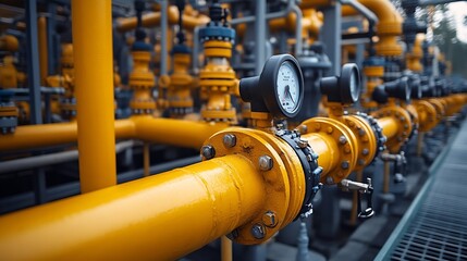 Poster - Natural gas pumping station among the spring fields Yellow pipes pressure gauges and valves  elements of the natural gas transmission installation : Generative AI