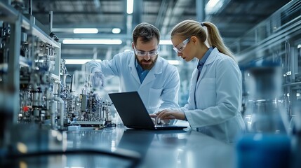 Leinwandbilder - Experienced Male and Female Engineers Standing on a Platform at a Modern Industrial Factory Using Laptop Computer and Discussing Production of Modern Electronics for Artificial Intelli : Generative AI