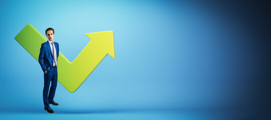 Poster - Businessman in Blue Suit Standing in Front of Green Checkmark and Arrow on Blue Background. 3D Rendering