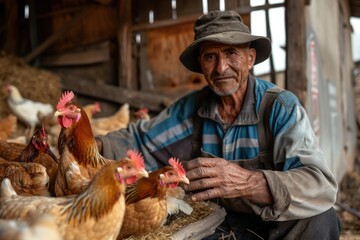 Sticker - A man wearing a hat surrounded by chickens on a farm or in a yard