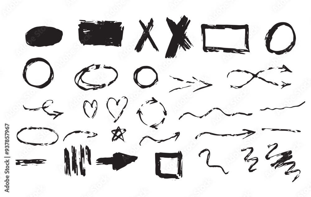 Vector black worn marker hand drawn collection set of lines, x marks ...