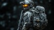 © Milan - A heavily equipped and advanced soldier, wearing high-tech combat gear and night vision goggles, stands alert and prepared for action, epitomizing readiness in a tactical scenario.