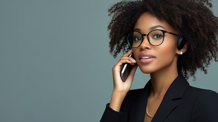 Wall Mural - Confident businesswoman speaking on the phone, engaging in a productive conversation, copy space