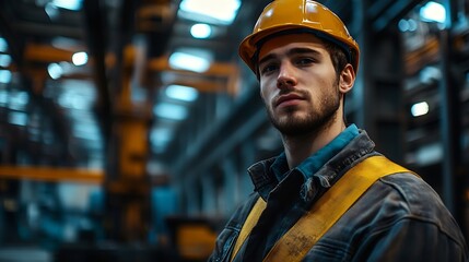 Wall Mural - Young caucasian industrial worker holds belt for lift heavy load on hoist of crane in steel factory : Generative AI