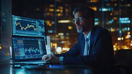 Aufkleber - Team laptop and business people in office at night with stock market charts for corporate investment Discussion computer and financial advisors working on company profit report with de : Generative AI